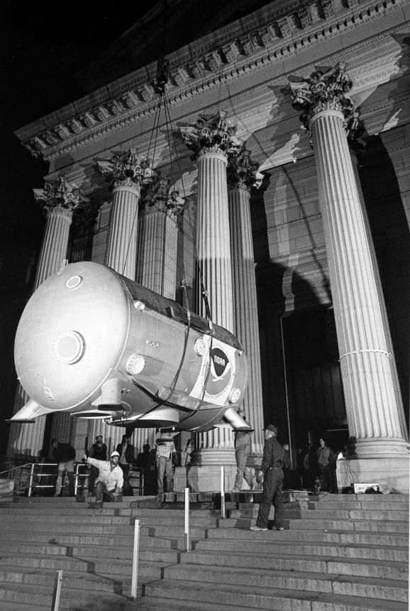 The Hydrolab capsule being lifted up the steps at the Smithsonian National Museum of Natural History.