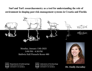 A flyer for the event. A line of an illustrated pig, cow, goat, turkey, and fish face left and their skeletons reflect across an x-axis. The title of the talk is above them, and meeting details including the date, time, and location are below them. A photo of Dr. Zavodny occupies the bottom right corner and across the bottom left and center are the Anthropology and Laboratory of Archaeology logos.