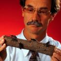 An image of Richard Hoebeke on a red background holding a small log with beetles on it.